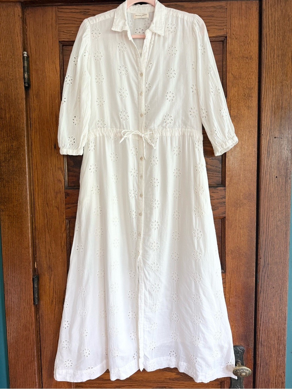 MAISON HOTEL 100% Cotton Eyelet Midi Dress Cottagecore Button Down Collared S